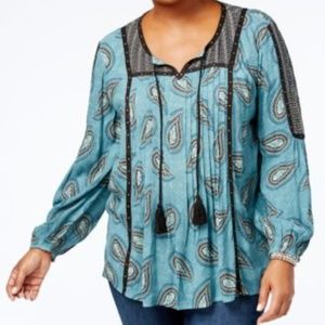 Style & Co Teal Blue Paisley Pintucked Peasant Top